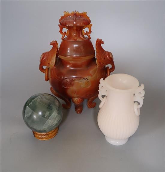 A Chinese chalcedony censer and cover, 27cm high and a Chinese white glass vase and a green quartz ball